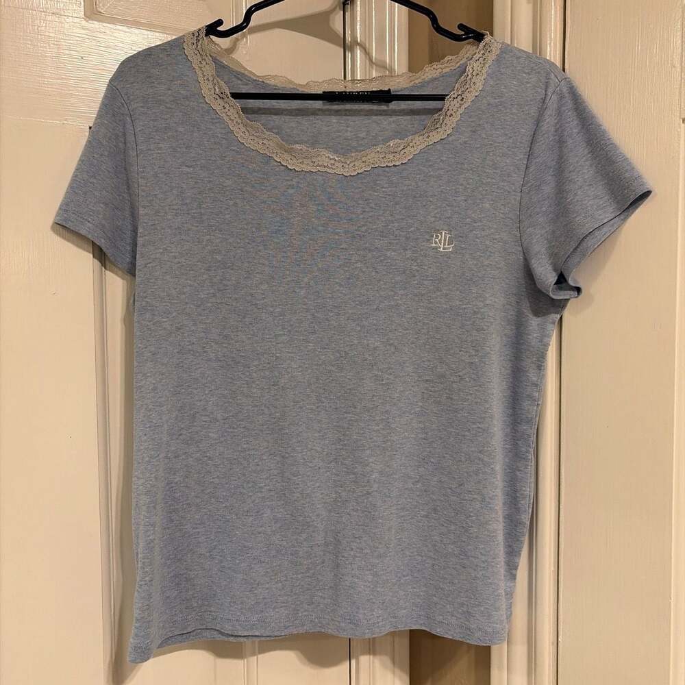 Lauren Ralph Lauren Women's Blue Lace Trim Scoop Neck T-Shirt Size M